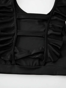 Tween Girls' Sports Shorts Set, Flutter Sleeve With Ruffle Hem, Criss-Cross Backless Design, High-Waist Skinny Shorts , Cropped Top With Stylish Vibe, Suitable For Dance, Fitness, Performance, Outdoor Daily Wear, Casual Set For Girls - Black - View 8