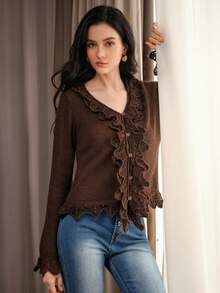 Anewsta Women's Brown Thin Comfortable Versatile Knit Cardigan Top For Vacation And Outings - Coffee Brown - View 4