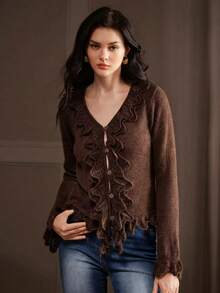 Anewsta Women's Brown Thin Comfortable Versatile Knit Cardigan Top For Vacation And Outings - Coffee Brown - View 1