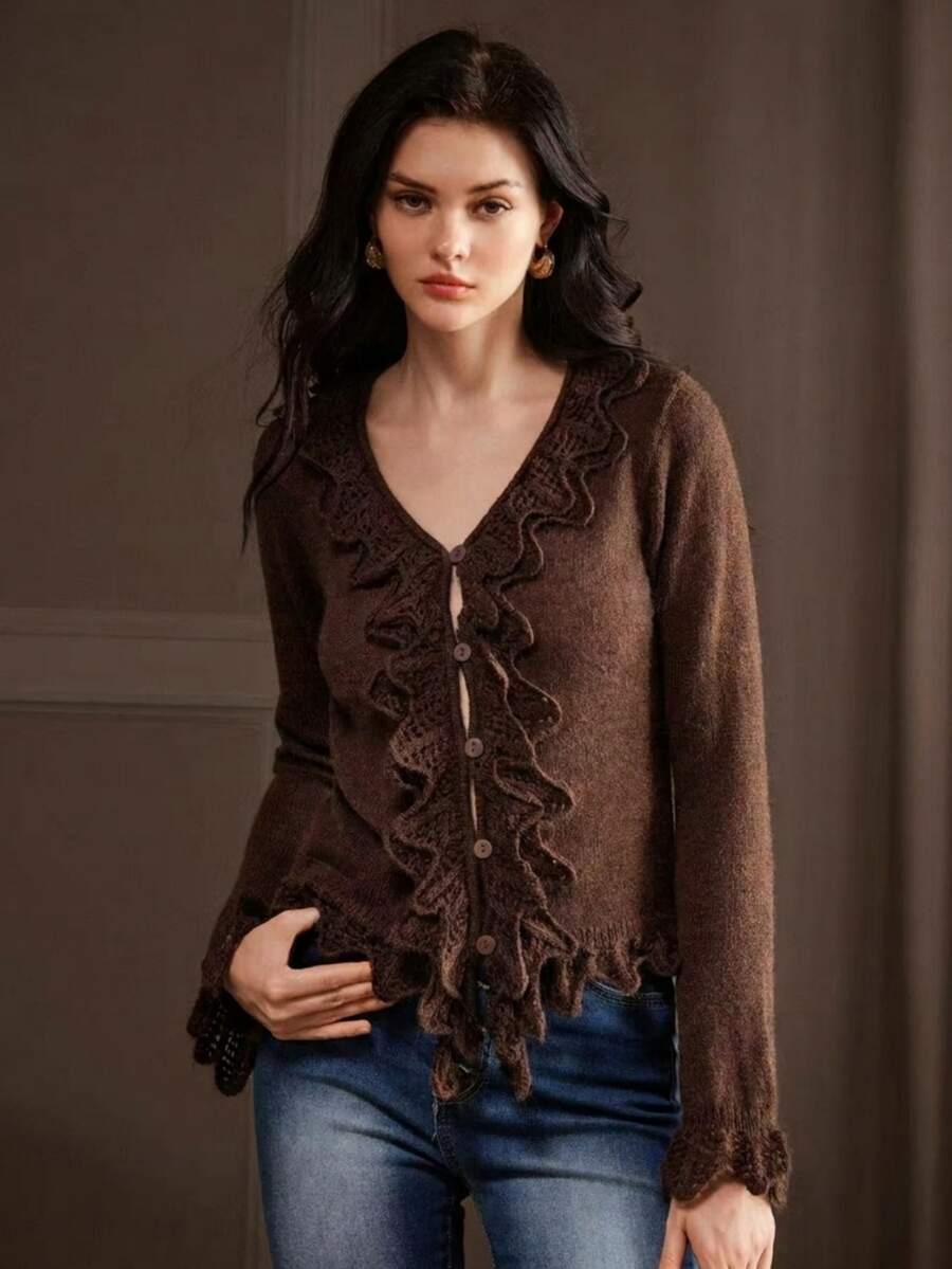 Anewsta Women's Brown Thin Comfortable Versatile Knit Cardigan Top For Vacation And Outings - Coffee Brown - View 1