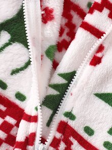 SHEIN 1pc Infant Baby Girl Boy Hooded Jumpsuit Cute Red White Green 3D Antler Elk Print Long Sleeve Thick Plush Holiday Winter Fall Sweaters Jumpers Zipper - Red and White - View 5