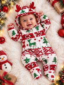 SHEIN 1pc Infant Baby Girl Boy Hooded Jumpsuit Cute Red White Green 3D Antler Elk Print Long Sleeve Thick Plush Holiday Winter Fall Sweaters Jumpers Zipper - Red and White - View 1