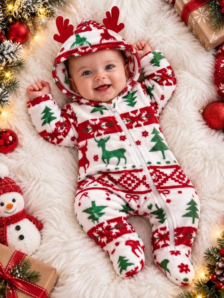 SHEIN 1pc Infant Baby Girl Boy Hooded Jumpsuit Cute Red White Green 3D Antler Elk Print Long Sleeve Thick Plush Holiday Winter Fall Sweaters Jumpers Zipper - Red and White - View 1