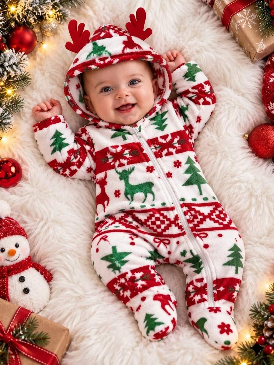 SHEIN 1pc Infant Baby Girl Boy Hooded Jumpsuit Cute Red White Green 3D Antler Elk Print Long Sleeve Thick Plush Holiday Winter Fall Sweaters Jumpers Zipper - Red and White - View 1