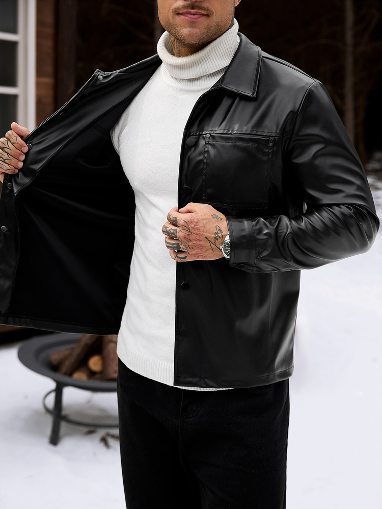 Manfinity CasualCool Men's Long-Sleeve PU Pocket Jacket, Suitable For Autumn And Winter - Black - View 8