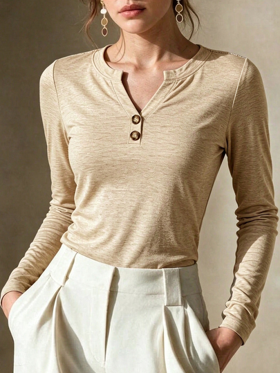 Louniche Women's Elegant Casual Notch Button Decor Back Lace Patchwork Long Sleeve T-Shirt Top, Daily Party Outfit Spring Autumn Casual Spring Style, Multi-Functional Wear T-Shirt, Suitable For Women's Gatherings, Dates, Work Commute, Daily Wear Autumn Winter, Work Commute Essential, Women's Long Sleeve T-Shirt Top