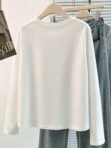 SHEIN Franclia Women's Solid White Round Neck Long Sleeve Base Layer Top With Asymmetric Button Placket, Side Pleated Patchwork, Asymmetrical Hem, 3D Segmented Lines, Slim Fit, Commuter Style - White - View 2