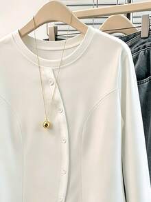 SHEIN Franclia Women's Solid White Round Neck Long Sleeve Base Layer Top With Asymmetric Button Placket, Side Pleated Patchwork, Asymmetrical Hem, 3D Segmented Lines, Slim Fit, Commuter Style - White - View 5