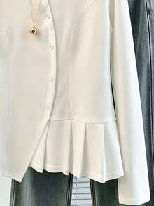 SHEIN Franclia Women's Solid White Round Neck Long Sleeve Base Layer Top With Asymmetric Button Placket, Side Pleated Patchwork, Asymmetrical Hem, 3D Segmented Lines, Slim Fit, Commuter Style - White - View 4