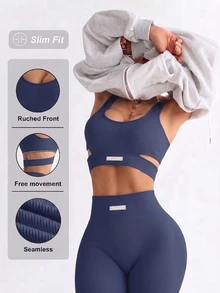 SHEIN Sovereign Charm Women's Cutout Cropped Tank Top And Leggings Sports Set - Navy Blue - View 3