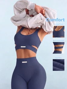 SHEIN Sovereign Charm Women's Cutout Cropped Tank Top And Leggings Sports Set - Navy Blue - View 1