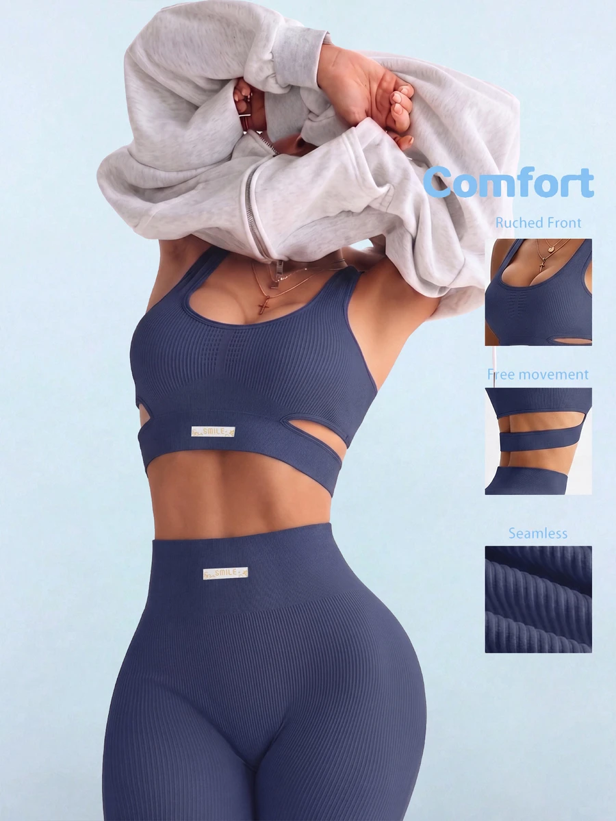 SHEIN Sovereign Charm Women's Cutout Cropped Tank Top And Leggings Sports Set - Navy Blue - View 1