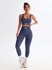 SHEIN Sovereign Charm Women's Cutout Cropped Tank Top And Leggings Sports Set - Navy Blue - View 5