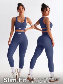 SHEIN Sovereign Charm Women's Cutout Cropped Tank Top And Leggings Sports Set - Navy Blue - View 2