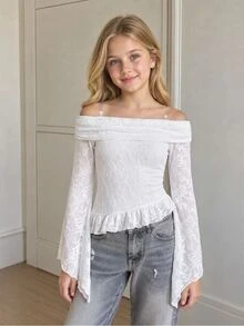 SHEIN Elladie kids 少女溫柔白色花卉蕾絲T恤，秋季上衣，露肩設計，露肩款，適合假期派對生日優雅穿搭 - 白色 - 查看 1