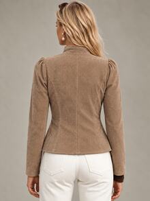 SHEIN Light Brown Vintage Elegant Casual Double-Breasted Gold Button Stand Collar Long Sleeve Corduroy Jacket For Women - Khaki - View 2