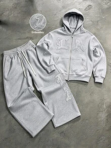Manfinity Roghcode 男士拼接刺繡長袖連帽衫與抽繩腰長褲套裝 - 灰色 - 查看 7