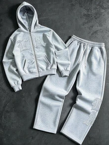 Manfinity Roghcode 男士拼接刺繡長袖連帽衫與抽繩腰長褲套裝 - 灰色 - 查看 8