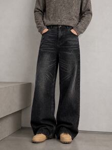 RivetRise Men's Washed Black Denim Loose Wide Leg Long Pants - Black - View 1