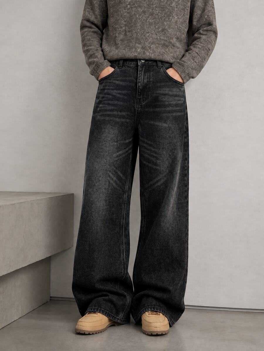 RivetRise Men's Washed Black Denim Loose Wide Leg Long Pants - Black - View 1