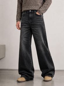 RivetRise Men's Washed Black Denim Loose Wide Leg Long Pants - Black - View 5