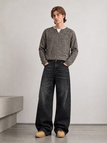 RivetRise Men's Washed Black Denim Loose Wide Leg Long Pants - Black - View 3