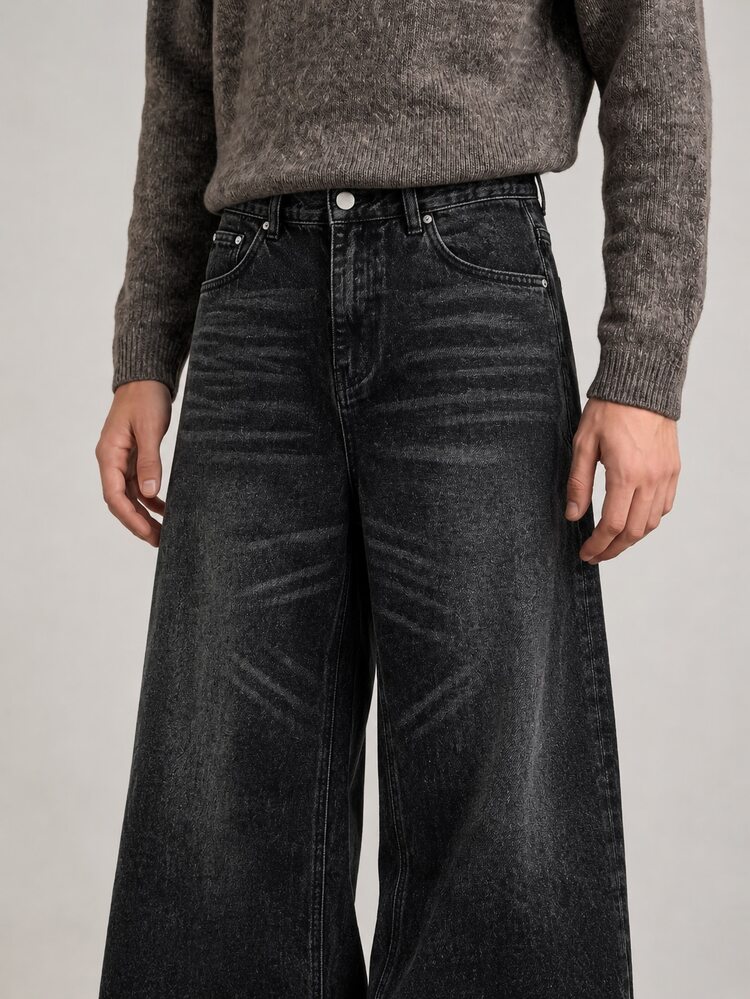 RivetRise Men's Washed Black Denim Loose Wide Leg Long Pants - Black - View 6
