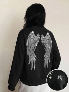 SHEIN Sparklyn 酷黑色圓領衛衣，亮面天使翅膀圖案，精緻吸睛，女款休閒寬鬆軟厚落肩長袖套頭衛衣，適合秋冬日常、街頭、戶外、運動、校園、返校穿搭 - 彩色 - 查看 1