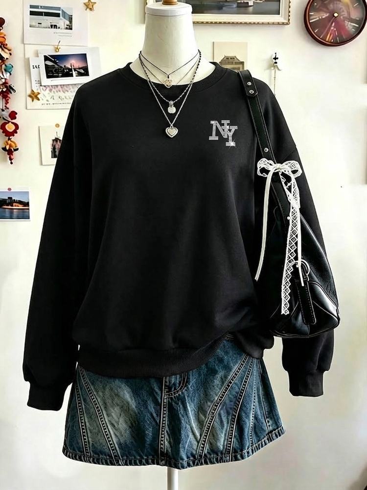 SHEIN Sparklyn Cool Black Crew Neck Sweatshirt With Shiny Angel Wings Graphic, Exquisite And Eye-Catching. Ween Girl Casual Loose Soft Thick Drop Shoulder Long Sleeve Pullover Sweatshirt, Suitable For Autumn/Winter Daily, Street, Outdoor, Sports, Campus, Back To School - Multicolor - View 2