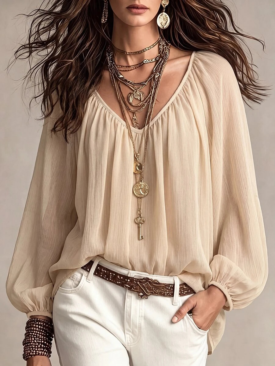 Omancia Lantern Sleeve Solid Blouse - Apricot - View 1