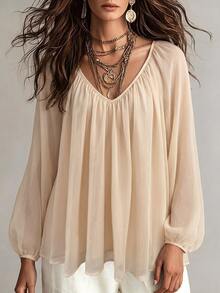 Omancia Lantern Sleeve Solid Blouse - Apricot - View 4