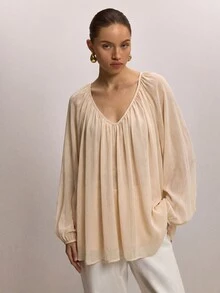 Omancia Lantern Sleeve Solid Blouse - Apricot - View 6