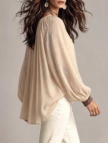 Omancia Lantern Sleeve Solid Blouse - Apricot - View 2
