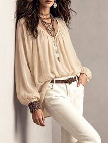 Omancia Lantern Sleeve Solid Blouse - Apricot - View 5