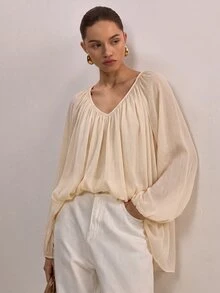 Omancia Lantern Sleeve Solid Blouse - Apricot - View 7