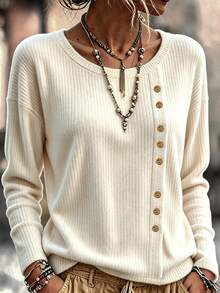 Trelyra Autumn/Winter Casual Ribbed Fabric Elegant Daily Family Vacation Formal Outing Social Commute Holiday Round Neck Long Sleeve T-Shirt Beige - Apricot - View 5