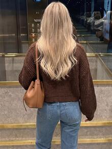 Selianne Autumn/Winter Maillard Style Vintage Knit Cardigan, Thick Chunky Knit V-Neck Drop Shoulder Lantern Sleeve Textured No-Button Short Loose Lazy Layering Top For Women - Chocolate Brown - View 2