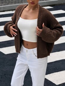 Selianne Autumn/Winter Maillard Style Vintage Knit Cardigan, Thick Chunky Knit V-Neck Drop Shoulder Lantern Sleeve Textured No-Button Short Loose Lazy Layering Top For Women - Chocolate Brown - View 3