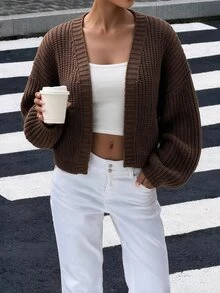 Selianne Autumn/Winter Maillard Style Vintage Knit Cardigan, Thick Chunky Knit V-Neck Drop Shoulder Lantern Sleeve Textured No-Button Short Loose Lazy Layering Top For Women - Chocolate Brown - View 4
