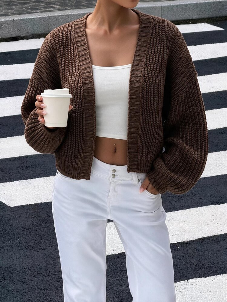 Selianne Autumn/Winter Maillard Style Vintage Knit Cardigan, Thick Chunky Knit V-Neck Drop Shoulder Lantern Sleeve Textured No-Button Short Loose Lazy Layering Top For Women - Chocolate Brown - View 1