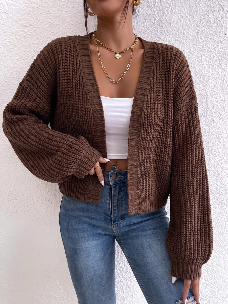 Selianne Autumn/Winter Maillard Style Vintage Knit Cardigan, Thick Chunky Knit V-Neck Drop Shoulder Lantern Sleeve Textured No-Button Short Loose Lazy Layering Top For Women - Chocolate Brown - View 7