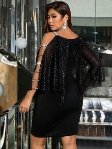 Femmeverse Plus Size Women Cold Shoulder Bodycon Knit Short Dress With Gold Ribbon Decor Fall - Black - View 2