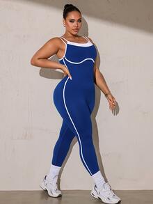 SHEIN Rhythm Era Seamless High Elasticity Yoga Fitness Running Sports Jumpsuit For Women Plus Size - Navy Blue - View 3