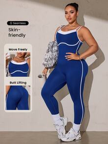 SHEIN Rhythm Era Seamless High Elasticity Yoga Fitness Running Sports Jumpsuit For Women Plus Size - Navy Blue - View 1
