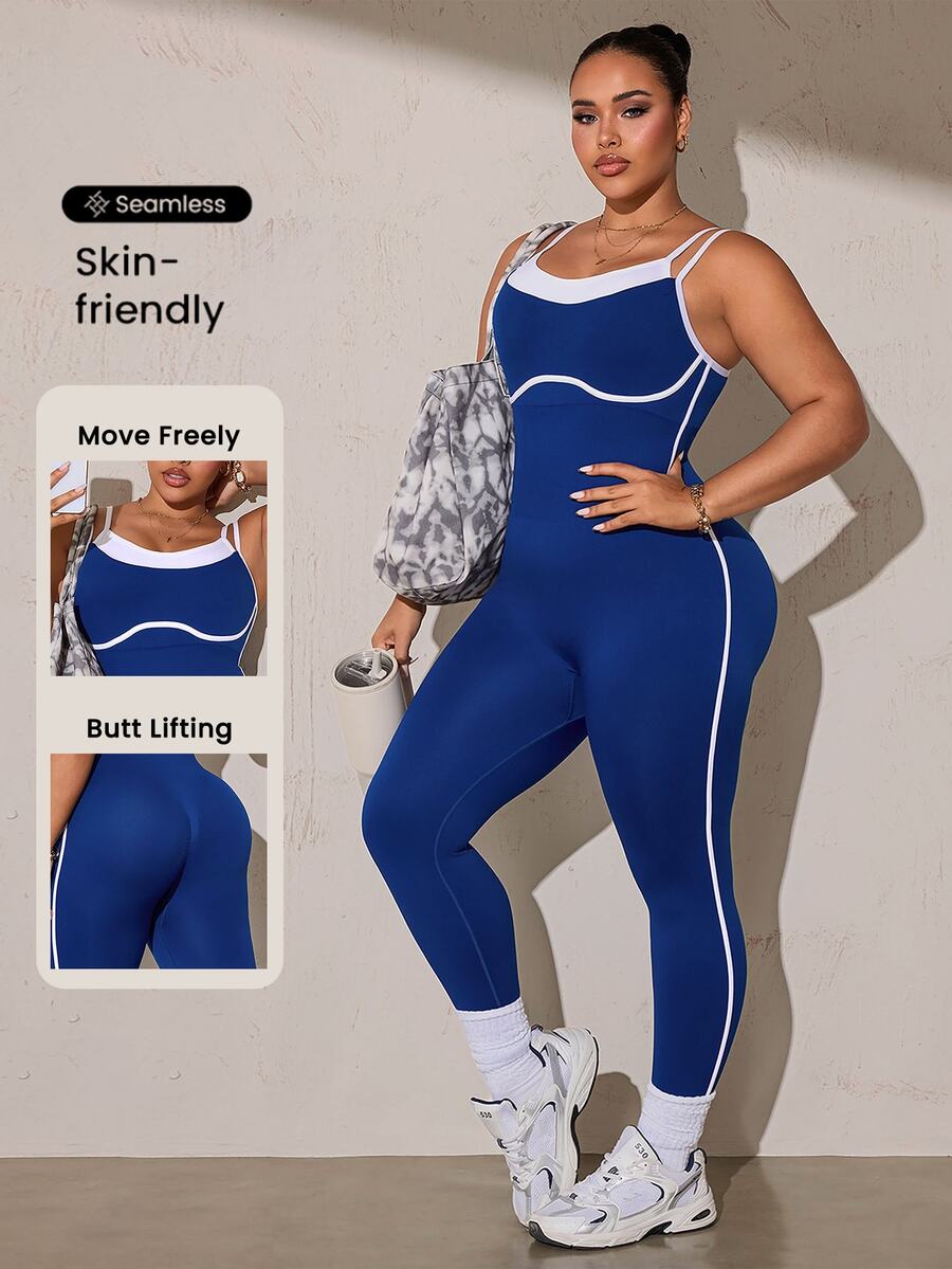 SHEIN Rhythm Era Seamless High Elasticity Yoga Fitness Running Sports Jumpsuit For Women Plus Size - Navy Blue - View 1