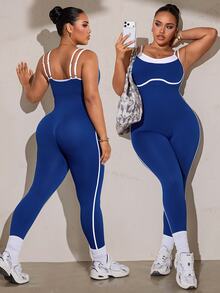 SHEIN Rhythm Era Seamless High Elasticity Yoga Fitness Running Sports Jumpsuit For Women Plus Size - Navy Blue - View 2