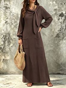 Balvessa Autumn/Winter Casual Home Brown Textured Fabric Neckline Tie Decor Ruched Lantern Long Sleeve Loose Fit Women Dress - Multicolor - View 6