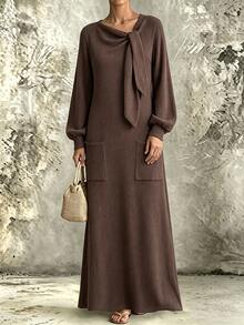 Balvessa Autumn/Winter Casual Home Brown Textured Fabric Neckline Tie Decor Ruched Lantern Long Sleeve Loose Fit Women Dress - Multicolor - View 7
