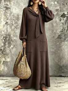 Balvessa Autumn/Winter Casual Home Brown Textured Fabric Neckline Tie Decor Ruched Lantern Long Sleeve Loose Fit Women Dress - Multicolor - View 4