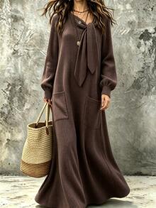 Balvessa Autumn/Winter Casual Home Brown Textured Fabric Neckline Tie Decor Ruched Lantern Long Sleeve Loose Fit Women Dress - Multicolor - View 3